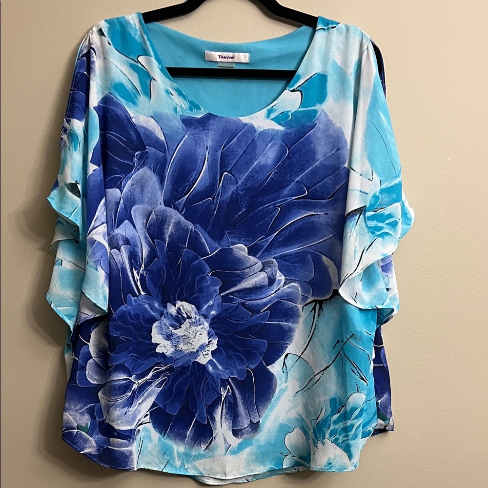 #52 TanJay Blue Floral Women's Batwing Blouse with sleeve slits.